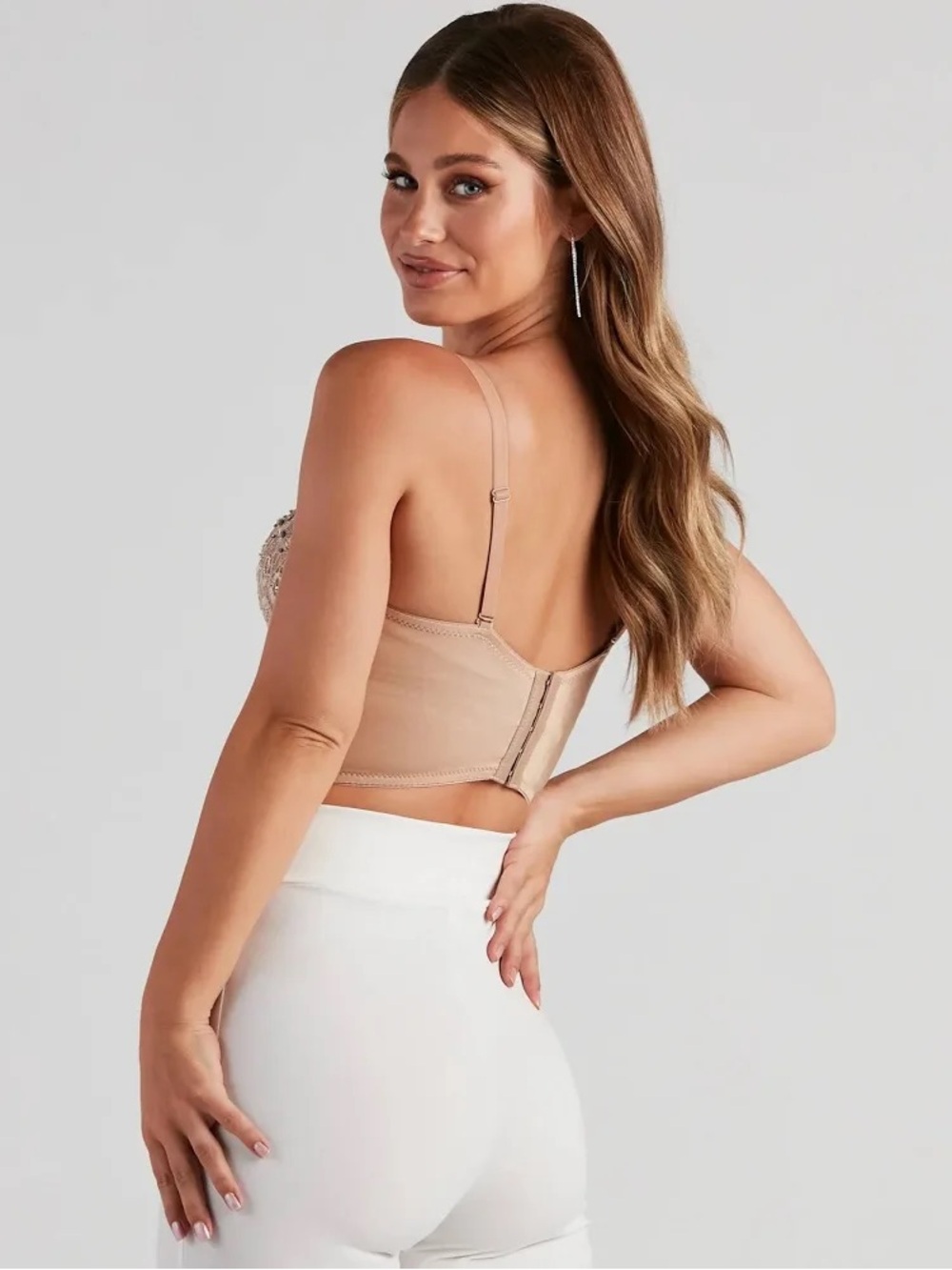 Windsor Tan Lace Longline Bustier Bra Sequin Embellished Corset Crop Top XS - Picture 13 of 13